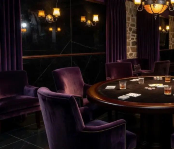 Lounge íntimo de póker presencial con mesa de cartas iluminada