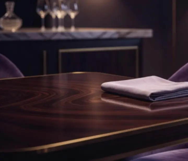 Detalle de interior de restaurante con texturas oscuras, velas y tonos violeta