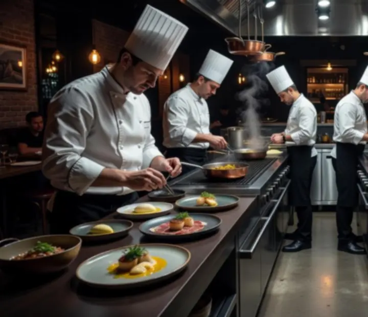 Equipo de chefs trabajando en una cocina abierta de estilo contempor&aacute;neo