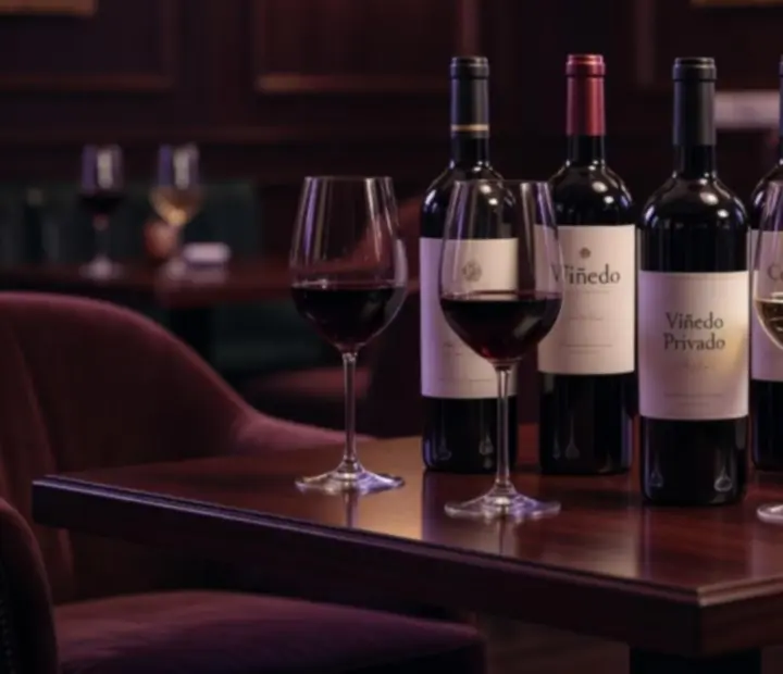 Botellas de vino local cuidadosamente alineadas sobre barra oscura